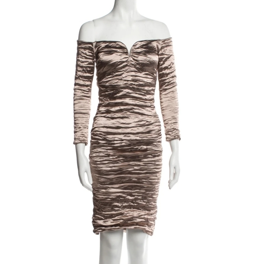 Nicole Miller Champagne Metallic Off Shoulder Dress
